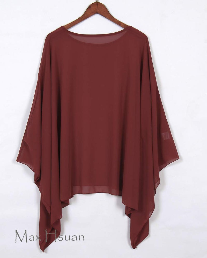 Max Hsuan Womens Summer Solid Sheer Batwing Blouse Chiffon Caftan Poncho Tunic Top Plus Size Cover up Burgundy - Image 3